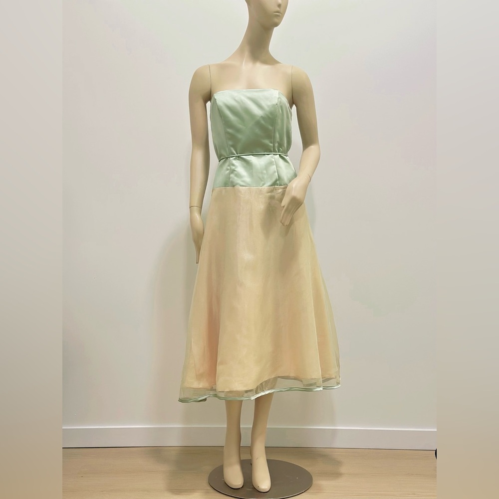 Vintage Bari Jay Strapless Gown – Mint & Champagne – Size 11/12